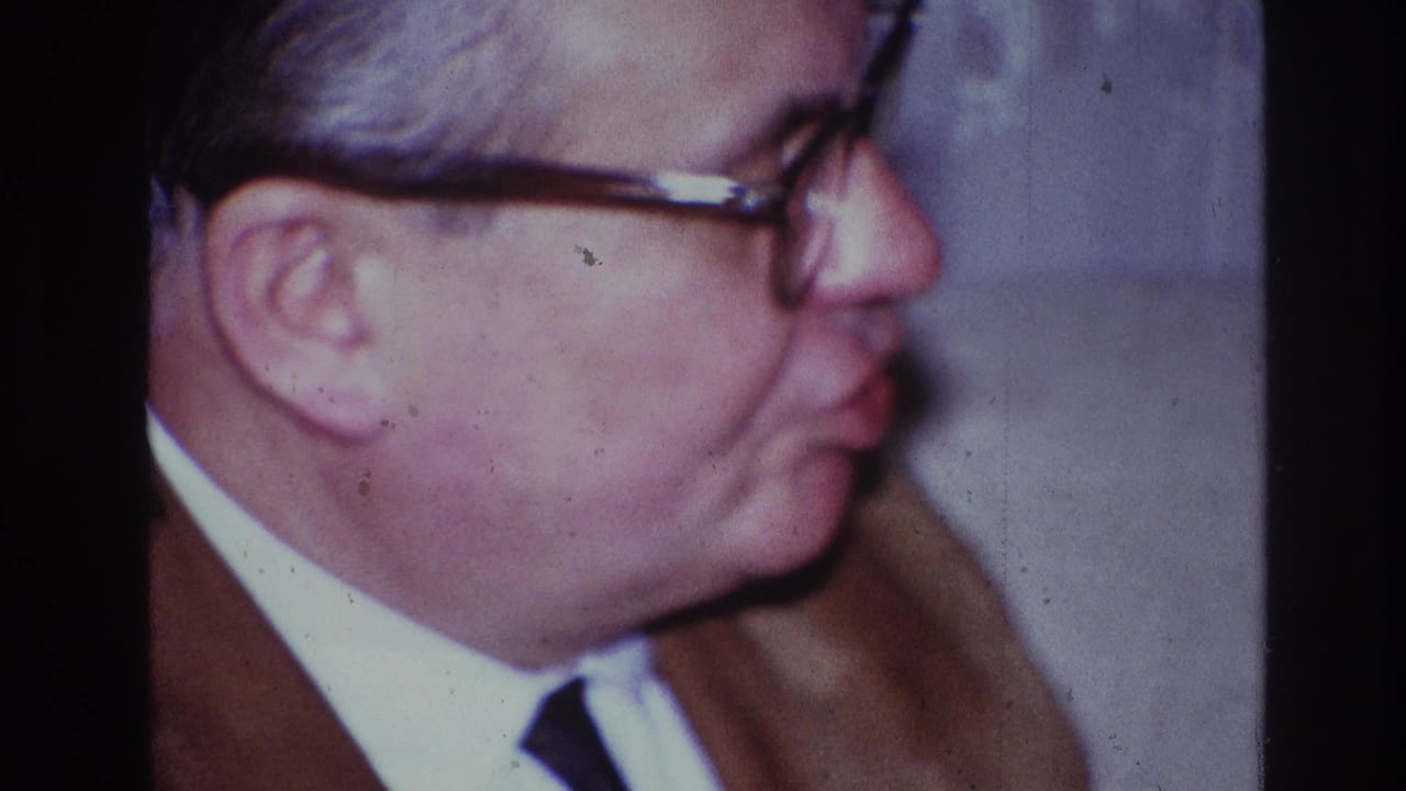 Close profile of an older man wearing glasses, a brown suit jacket, white shirt, and dark tie.