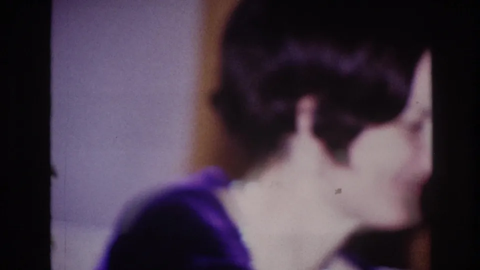 1967 Ottawa party frame showing the woman from behind and side, her short dark hair and dark top visible in warm interior light.
