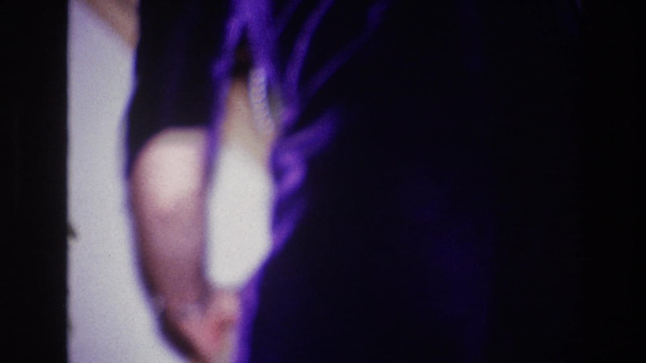 1967 Ottawa home-movie frame showing a partially cropped woman in a dark purple dress standing indoors in soft, low-light focus.