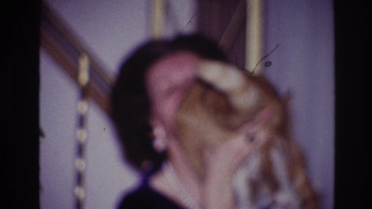 In a soft 8mm Ottawa home-movie frame, the cat turns as the woman holds it close indoors.