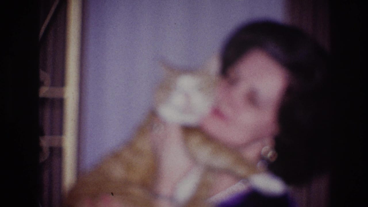 In a 1967 Ottawa home-movie frame, a woman in a dark top and pearls holds an orange tabby cat near her cheek in a soft-focus interior.