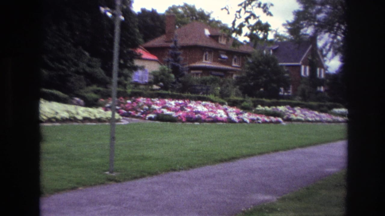 1967 Ottawa home-movie frame showing a green lawn, paved path, lamppost, colorful flower bed, trees, and brick residential exterior.