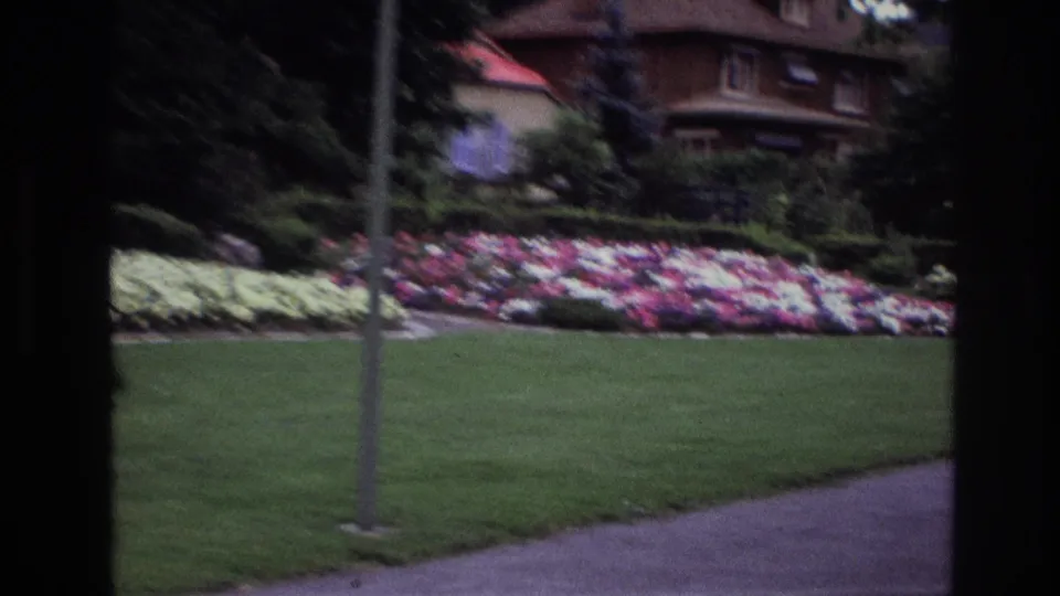 1967 Ottawa home-movie frame showing a sidewalk edge, green lawn, colorful garden bed, slim pole, shrubs, and a partly visible residential house.