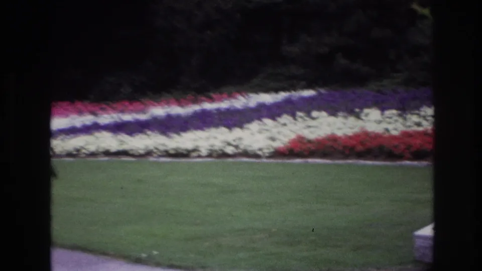 1967 Ottawa home-movie view of striped floral plantings along a manicured lawn, with a paved edge and plaque corner in frame.