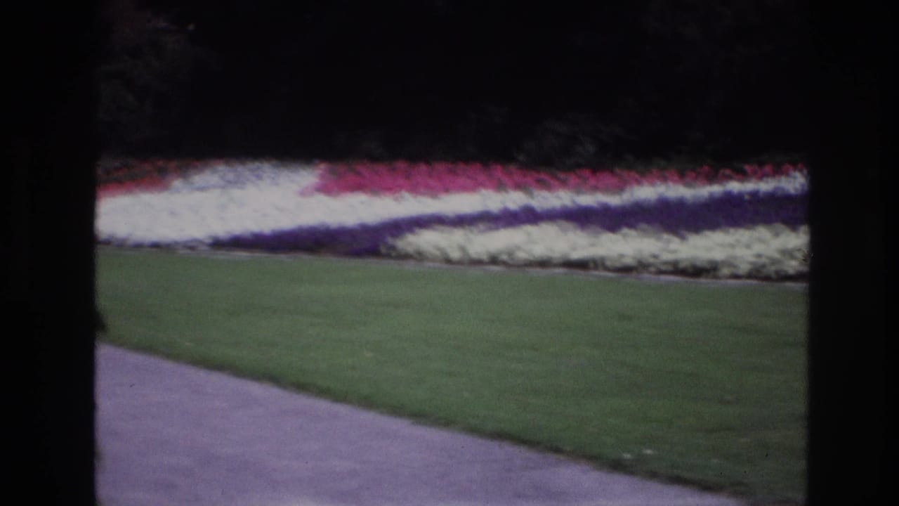 1967 Ottawa home-movie view of a paved park path, lawn, and broad red, white, and blue flower beds framed by dark film edges.