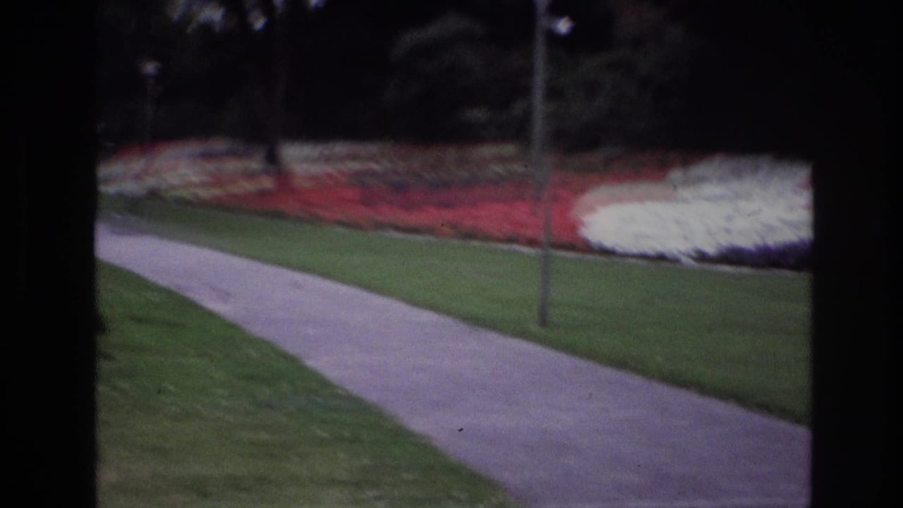 Curving park walkway with lawn, lamppost, trees, and flower beds.