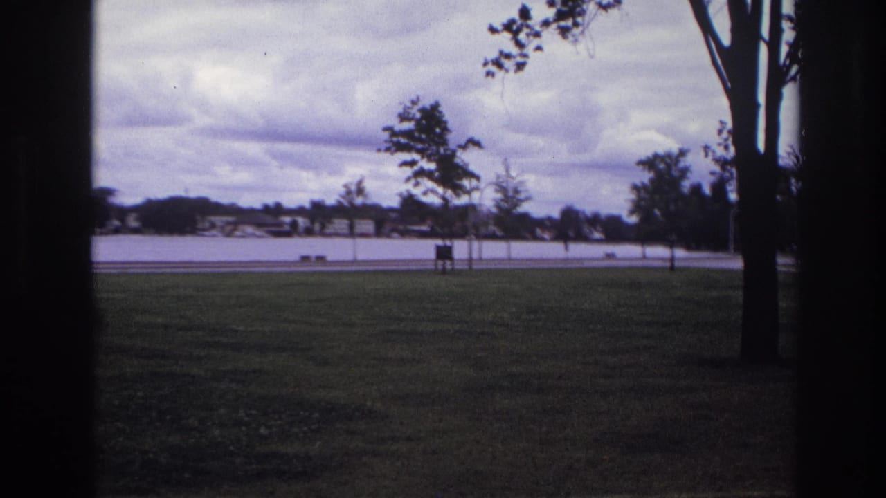 Ottawa waterfront park scene with dark vertical frame edges, grass in foreground, road and water beyond, and distant houses.