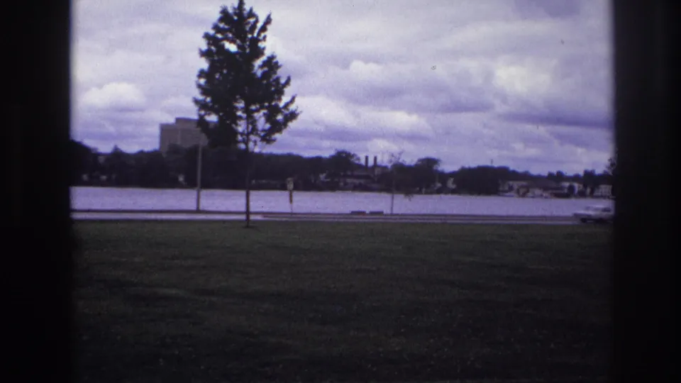 1967 Ottawa waterfront view with grass in front, a roadside tree, distant buildings, and a white car moving out of frame.