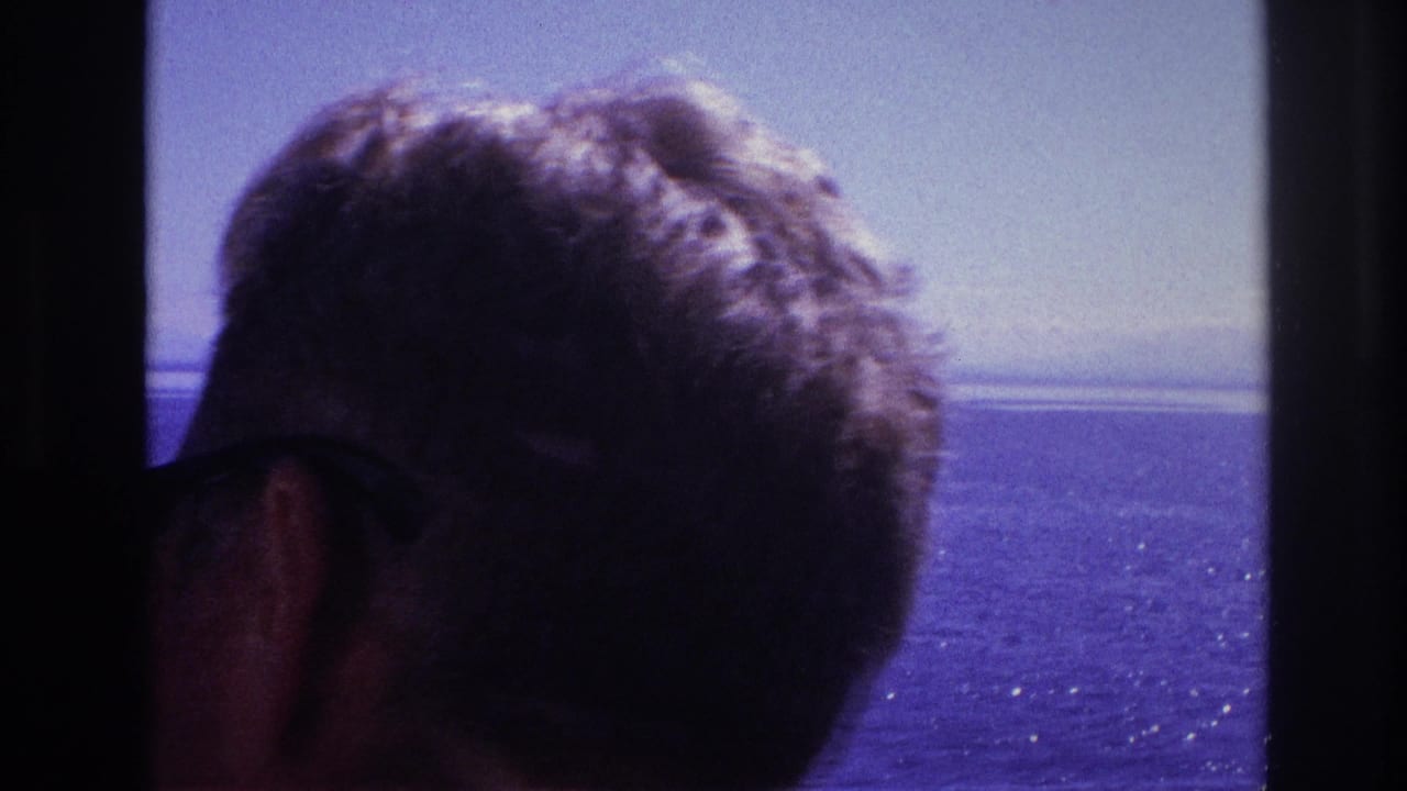 A man with short hair and sunglasses is seen in close silhouette while looking toward open water in 1967 travel footage.