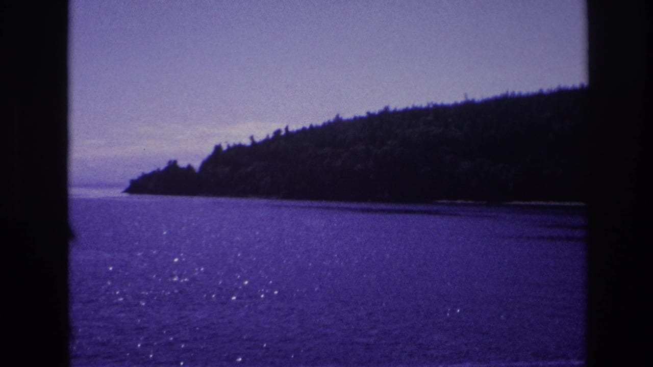 1967 Ottawa home-movie frame showing a lake and tree-covered shoreline through dark vertical window bars, with purple faded 8mm color.