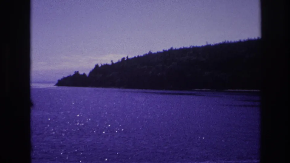 1967 Ottawa home-movie frame showing a lake and tree-covered shoreline through dark vertical window bars, with purple faded 8mm color.