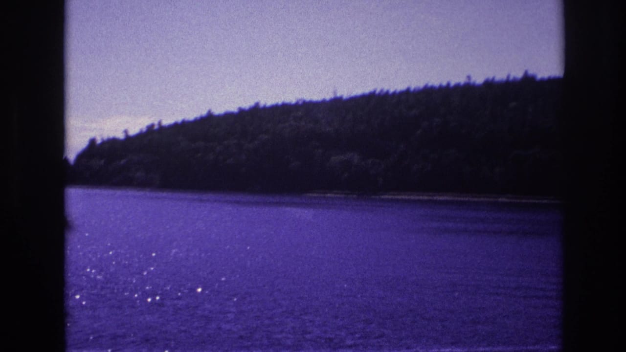 Ottawa-area 8mm frame from 1967 showing purple-tinted water and a wooded shoreline beyond dark window or gate edges.