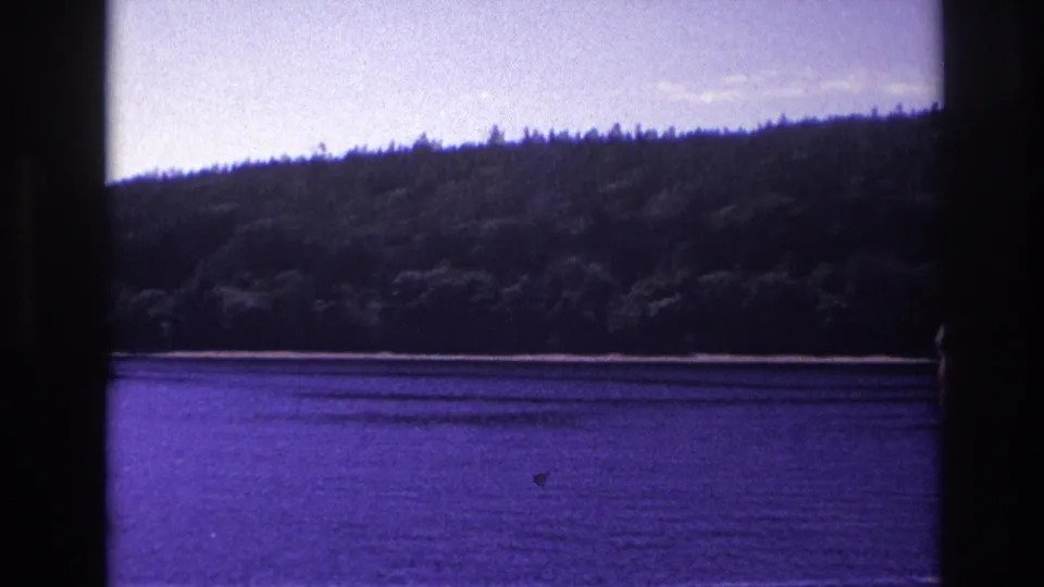Final 1967 Ottawa 8mm frame showing a wooded lakeshore over purple water, with a brief partial head entering at the right edge.