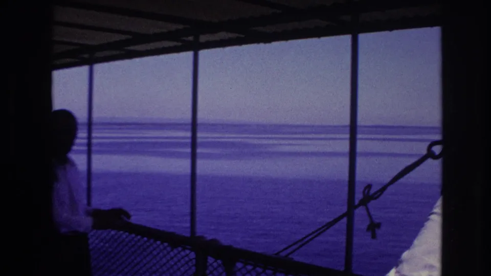 A visitor appears in silhouette under the covered structure, framed by vertical posts and a broad blue water view.