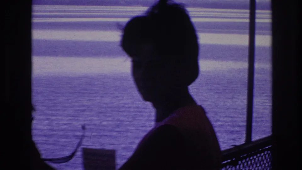 Silhouetted woman in a sleeveless top holds sunglasses near a ferry-like railing, with water and distant land visible beyond.