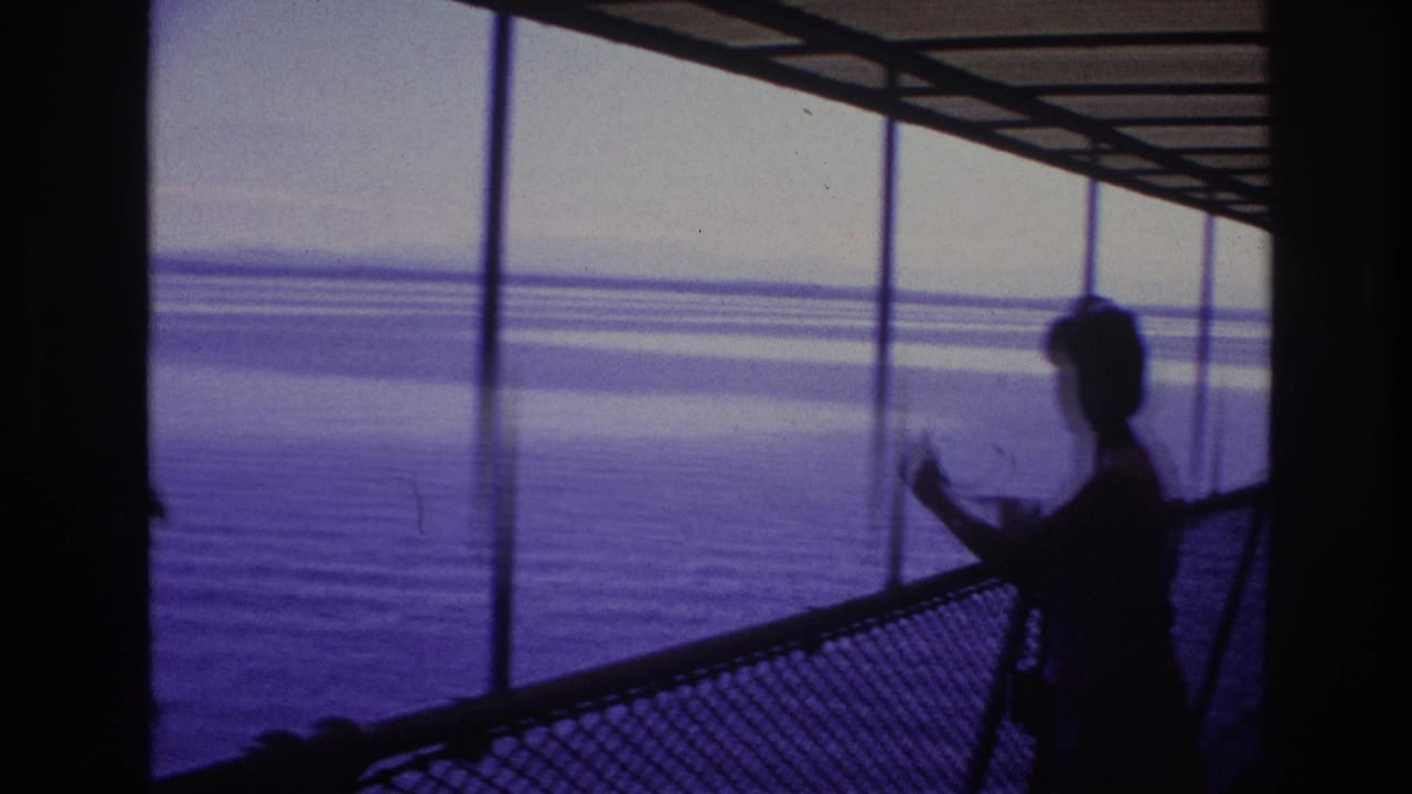 Woman in silhouette near the right side of a ship deck looking over water.