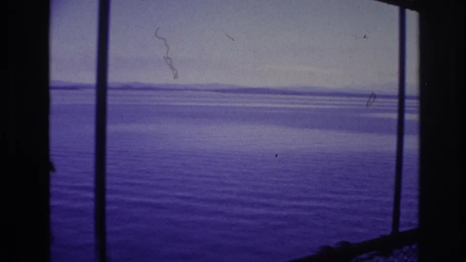 Purple-blue 8mm frame looking past ship railings toward calm water and a low distant shoreline.