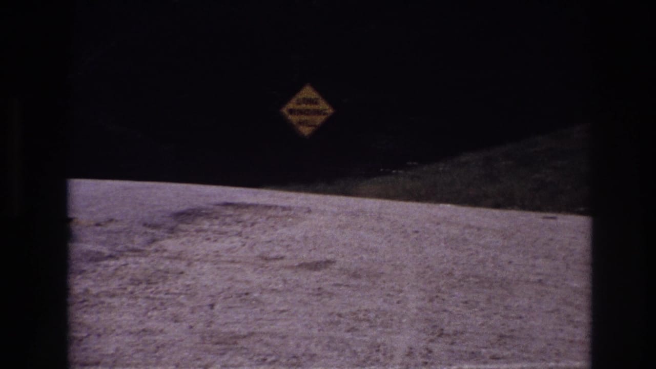 Yellow winding-road sign above a pale gravel road in a dark roadside scene.
