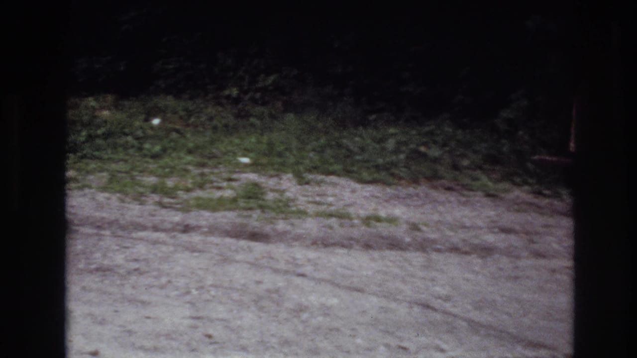 1967 Ottawa home-movie frame showing a wooded gravel area with adults gathered at a picnic table near the right edge.