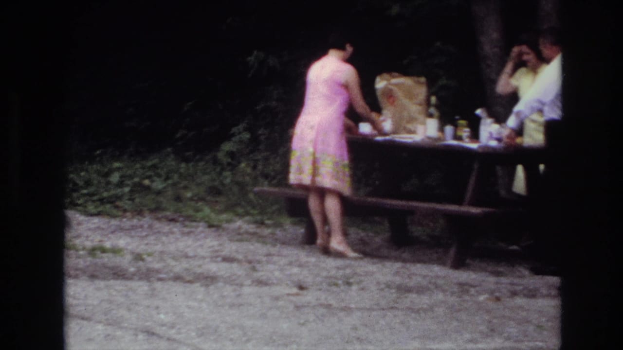 1967 Ottawa picnic scene with a woman in a pink dress arranging items while two adults stand nearby at a wooden table.
