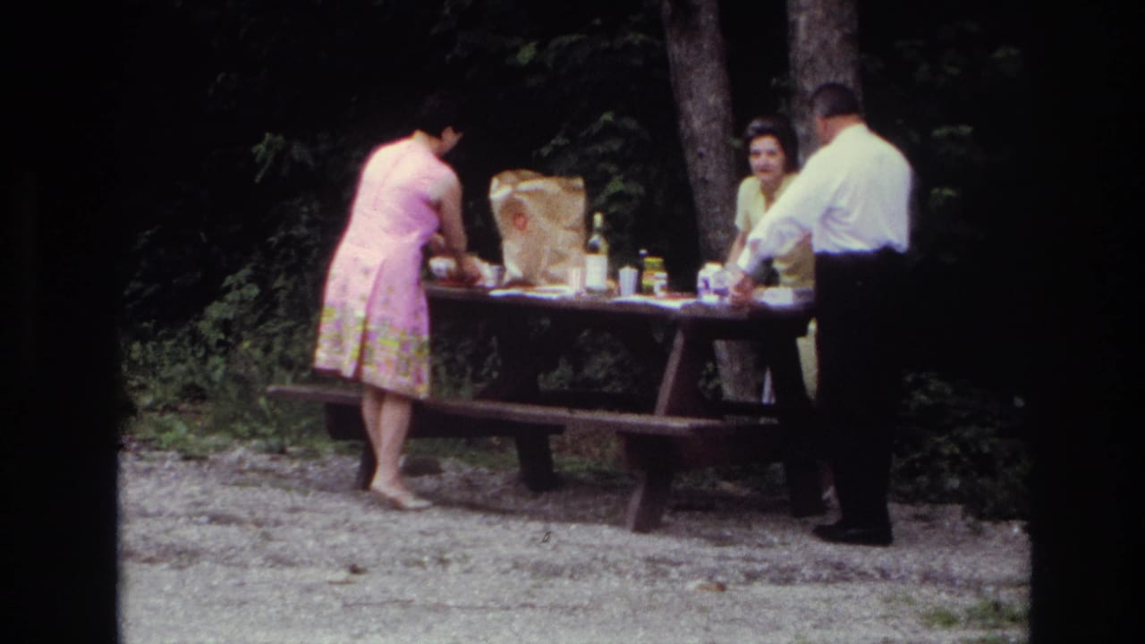 1967 Ottawa home-movie frame showing adults at a picnic table in a wooded park, with a woman in a pink dress handling food.