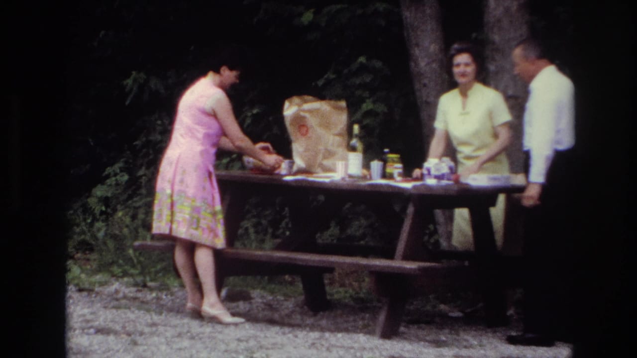 Woman in a pink dress arranges food on a picnic table as two adults stand nearby.
