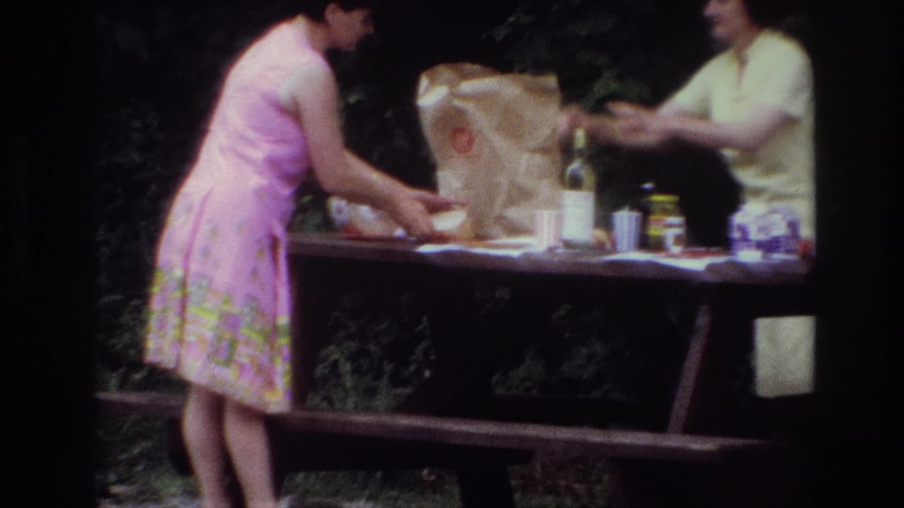 In the supplied 1967 Ottawa home-movie context, a woman in a pink dress arranges items on a wooded picnic table.