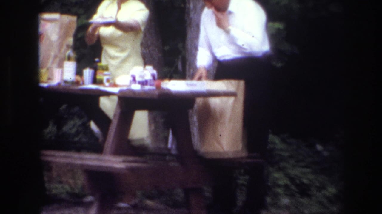 Closer view of adults and picnic supplies at an outdoor table.