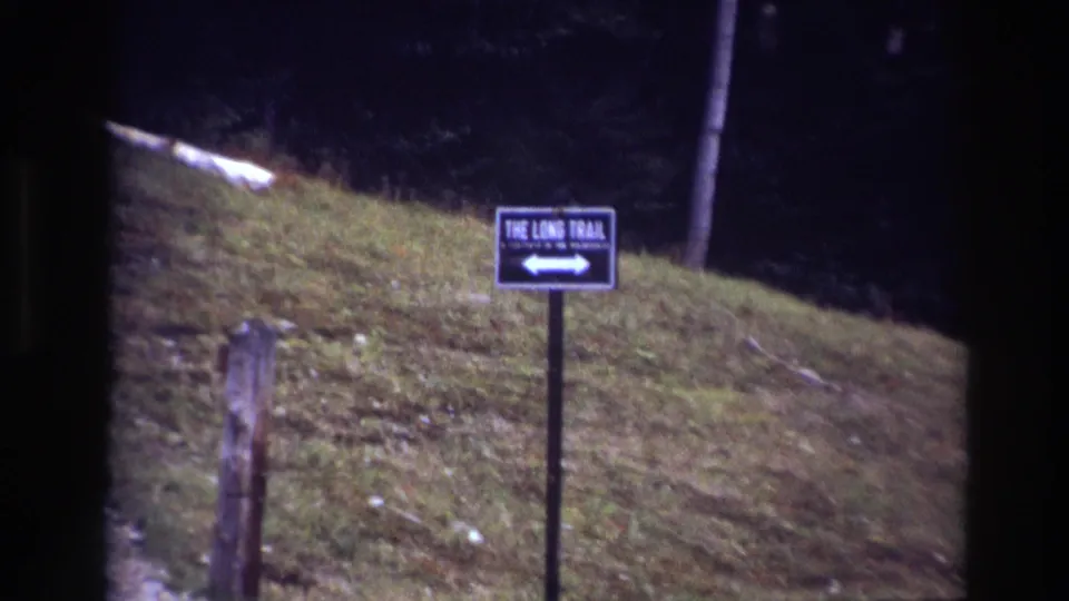 Ottawa home-movie frame of a trail sign on a hillside, filmed with soft 8mm focus and dark tree cover behind it.