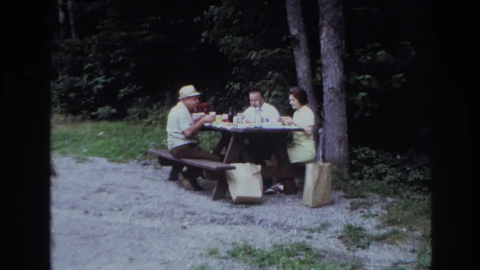Three adults continue a casual picnic at a wooden table, with bottles, cups and paper bags visible in the forest clearing.