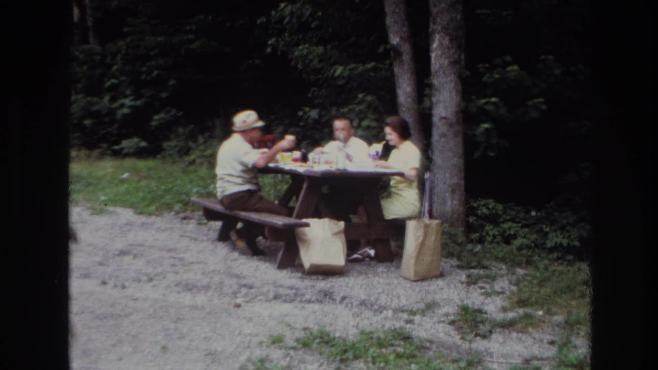 Adults continue sitting at the picnic table, with a man in a hat on the left and trees behind them.