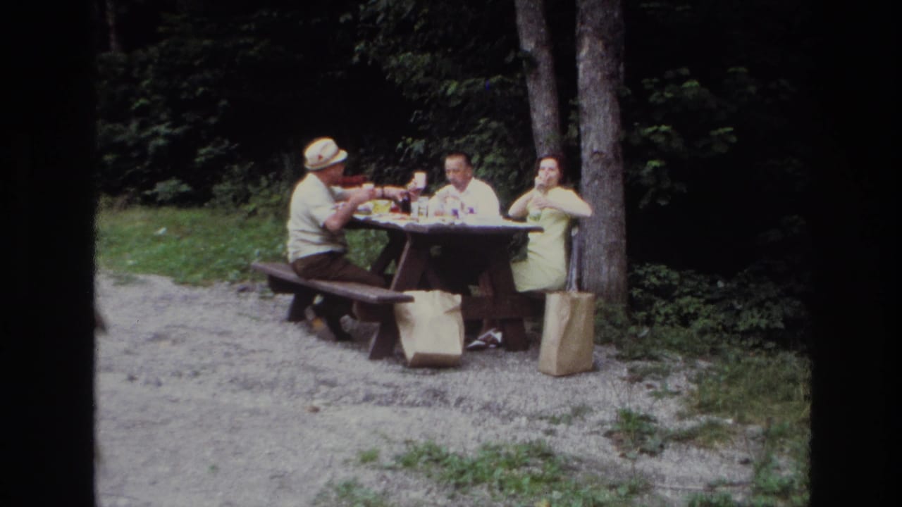 Three adults continue a park picnic in Ottawa, with glasses and lunch items on the table and paper bags beside the benches.