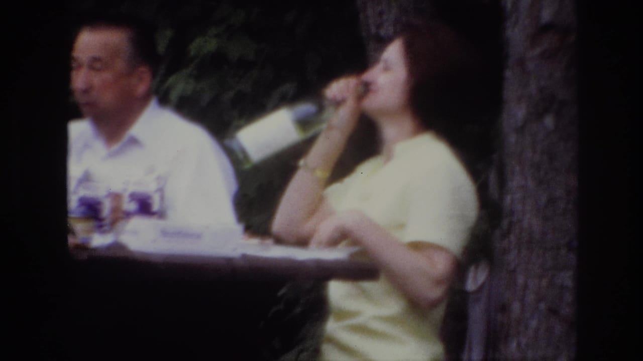 Soft 8mm close view from the Ottawa picnic, with a woman in a yellow dress drinking from a bottle near a seated man.