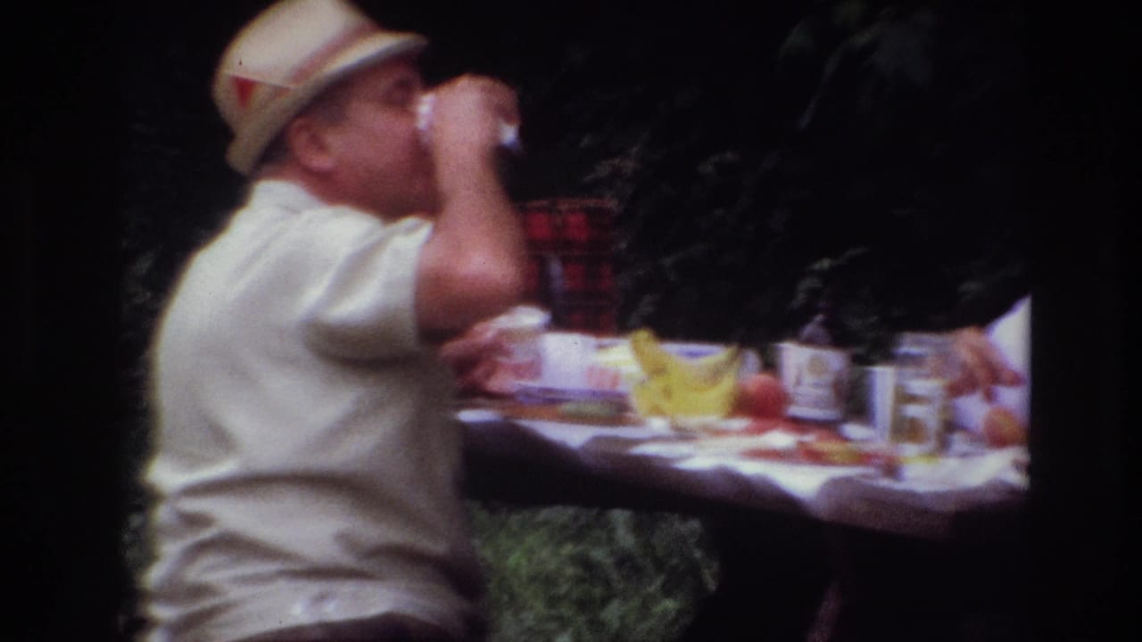 Man in a straw hat drinks from a cup with picnic food and cups on the table.