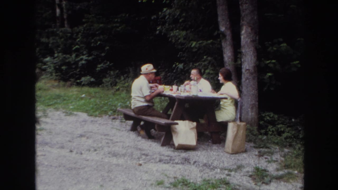 Ottawa 1967 home-movie view of three adults at a wooden picnic table, surrounded by trees, grass, gravel, and picnic bags.