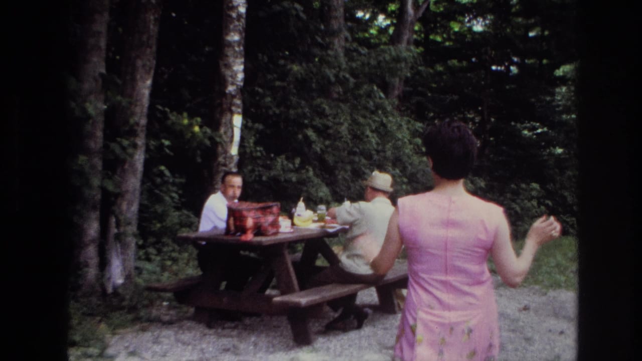 Ottawa 1967 frame showing a woman in a pink dress entering the picnic scene as adults sit at a wooden table in a wooded park.