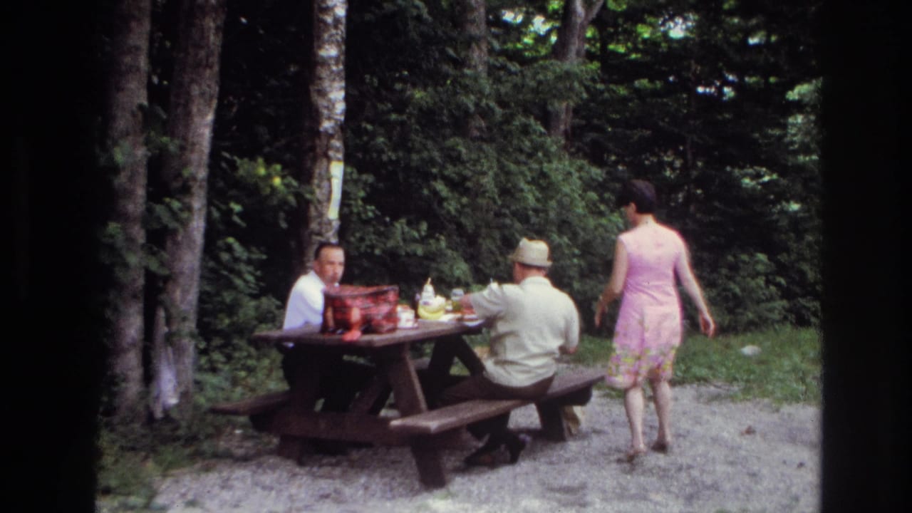 In the 1967 Ottawa picnic scene, the woman moves along the gravel beside the wooden table while the seated men look in her direction.