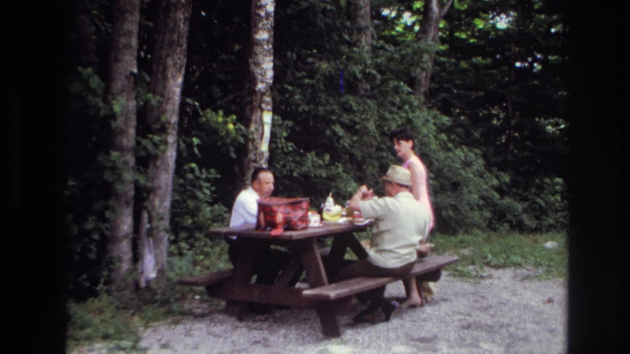 Home-movie frame from Ottawa in 1967 showing adults gathered around a picnic table in a wooded outdoor area.