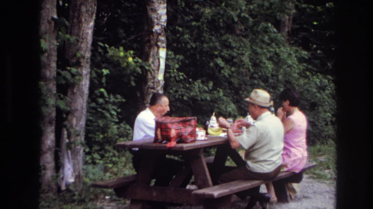 A closer 8mm view shows three adults eating lunch at a wooden picnic table in a leafy Ottawa-area setting.