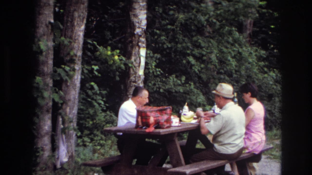 Final frame shows the adult picnic group beside trees, with bottles and a red basket arranged on the wooden table.