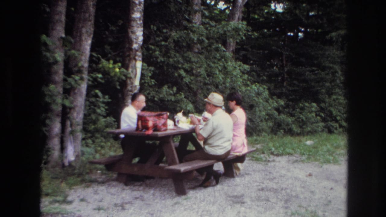 Three adults eat and drink at a picnic table beside tall trees.