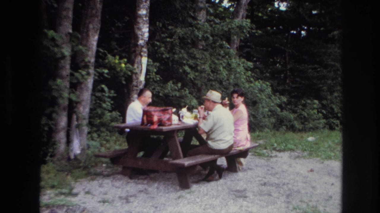 The 1967 Ottawa picnic scene holds on three adults seated together at a table in a wooded clearing.