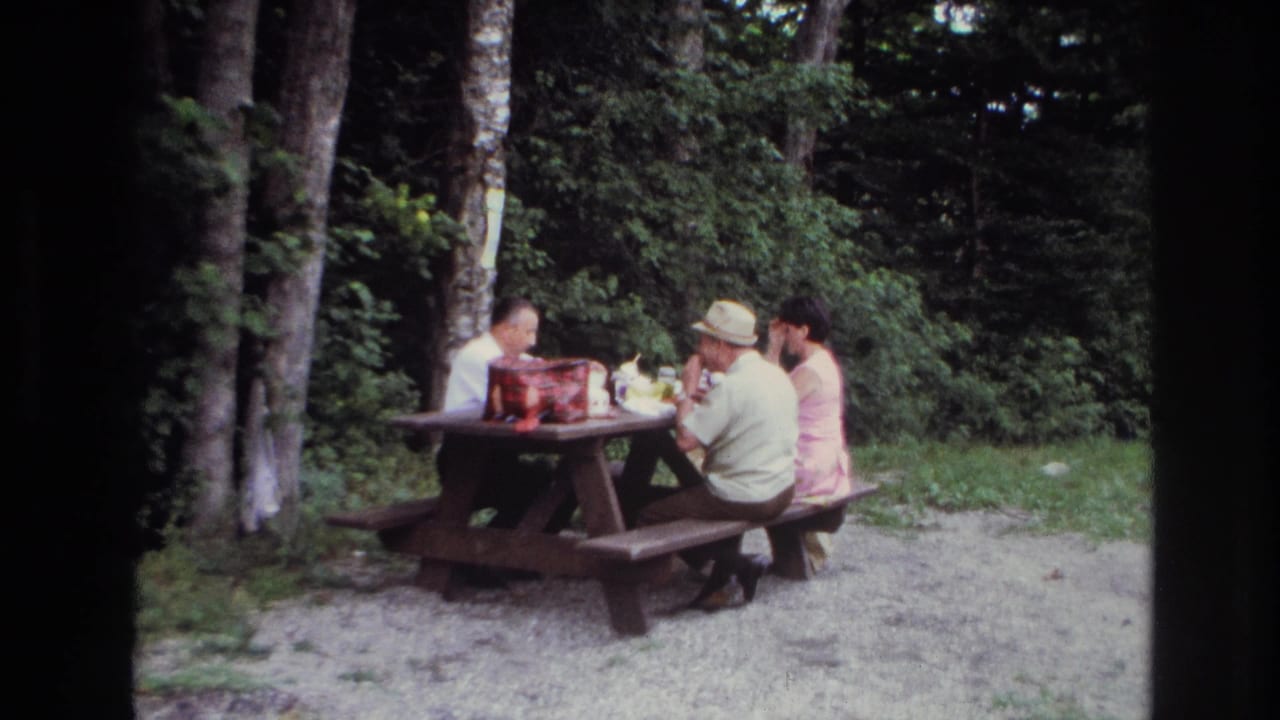 Three adults at a wooden picnic table appear in a candid 1967 Ottawa outdoor meal scene, framed by tree trunks and foliage.