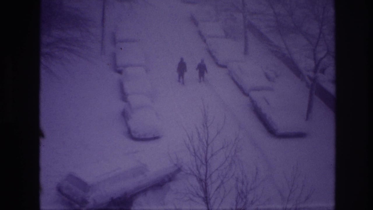 Two walkers pass between snowbanks on a street lined with buried cars and trees.