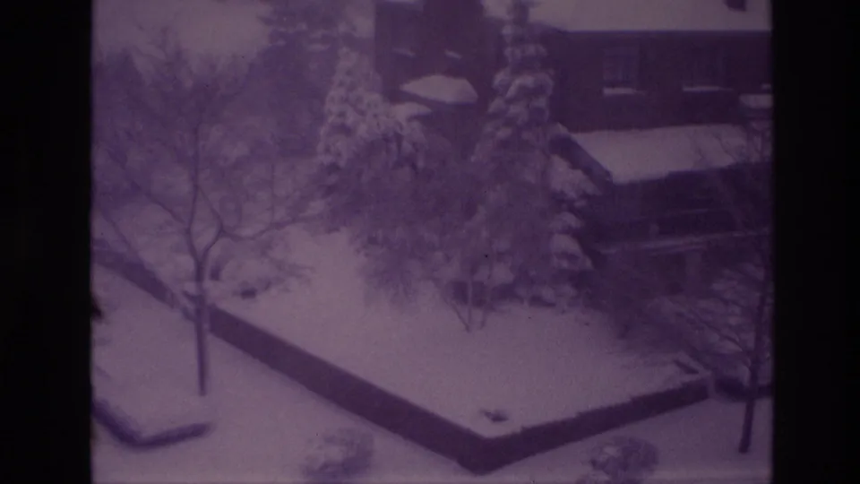 1967 Ottawa frame with a snow-covered residential yard, bare trees, evergreens, and a house roof behind the storm-softened scene.
