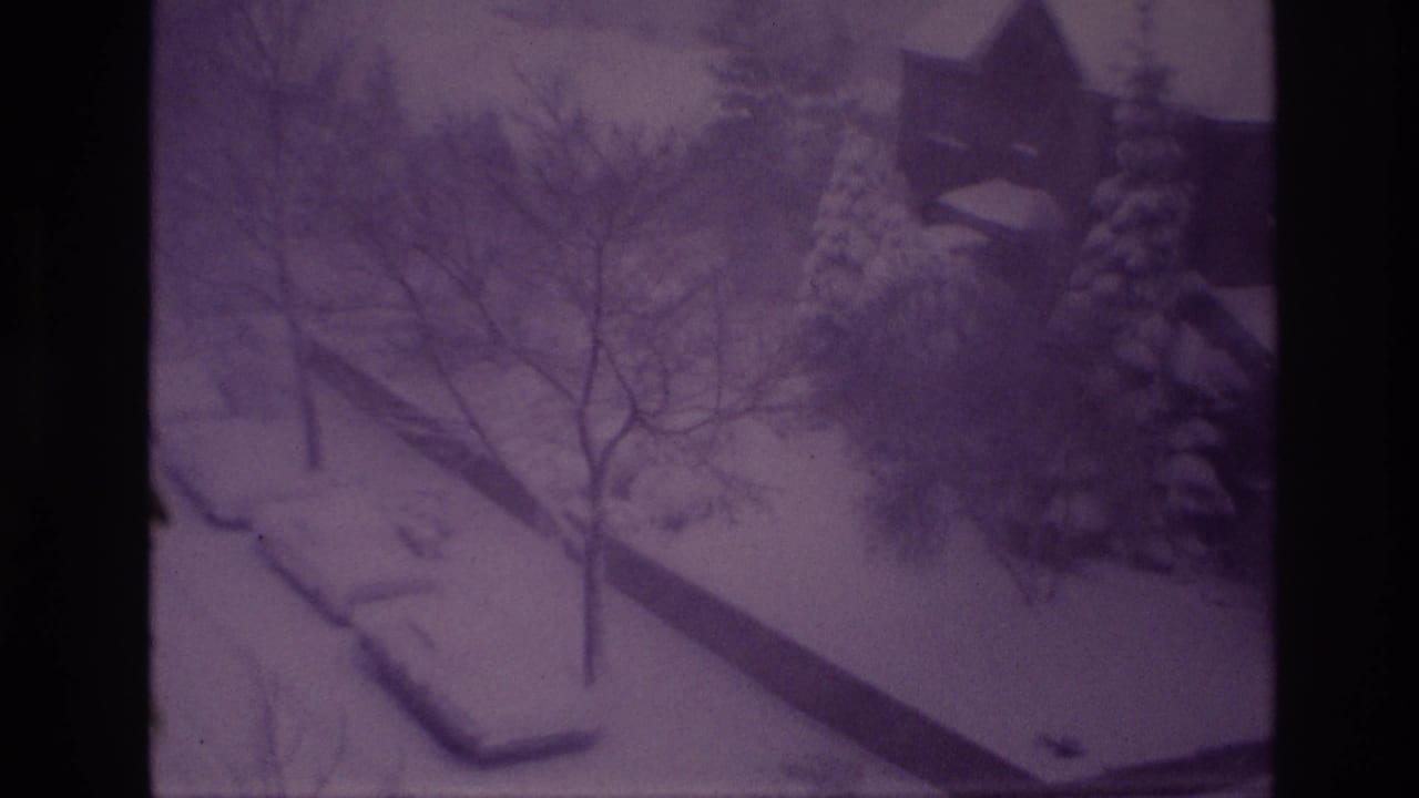 1967 Ottawa frame showing a snow-blanketed residential yard with bare trees, evergreens, a low wall, and part of a nearby building.
