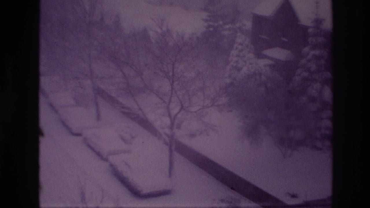 1967 Ottawa home-movie frame of a snowstorm over a quiet residential street, with parked cars and trees partly obscured by falling snow.