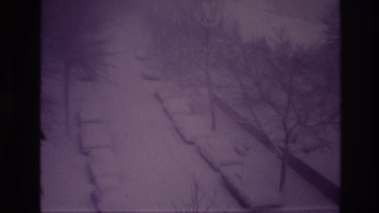 1967 Ottawa home-movie frame showing parked cars largely buried under snow beside a residential road, with bare trees and a purple 8mm cast.