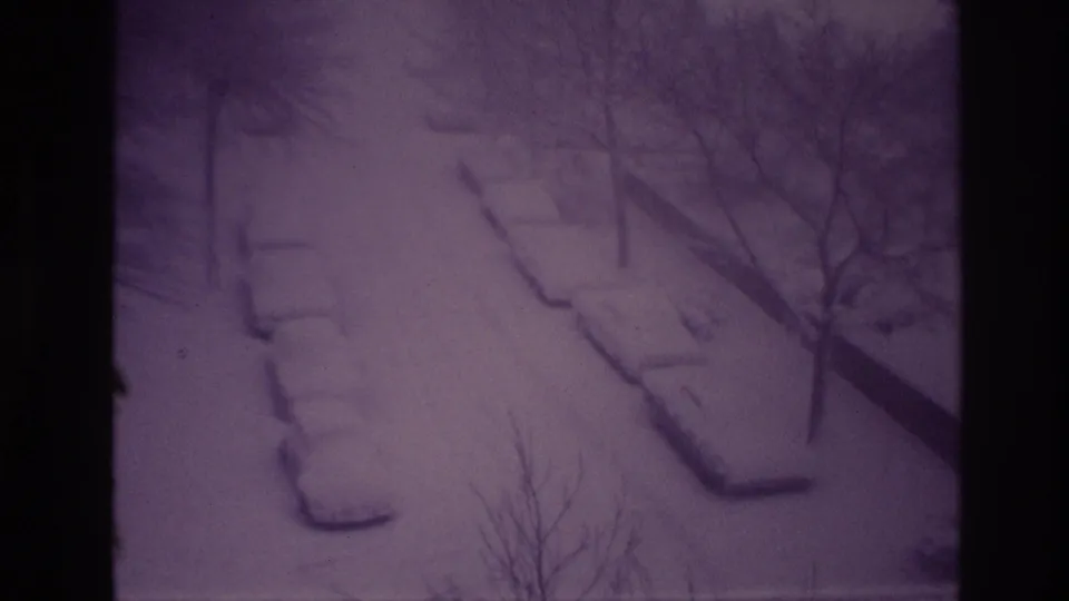 1967 Ottawa home-movie view of a winter street where snow blankets parked cars, curbs, and foreground tree branches.