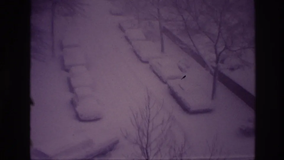 1967 Ottawa 8mm frame showing a quiet snowbound road edge with buried parked cars, bare trees, and aged purple film coloration.